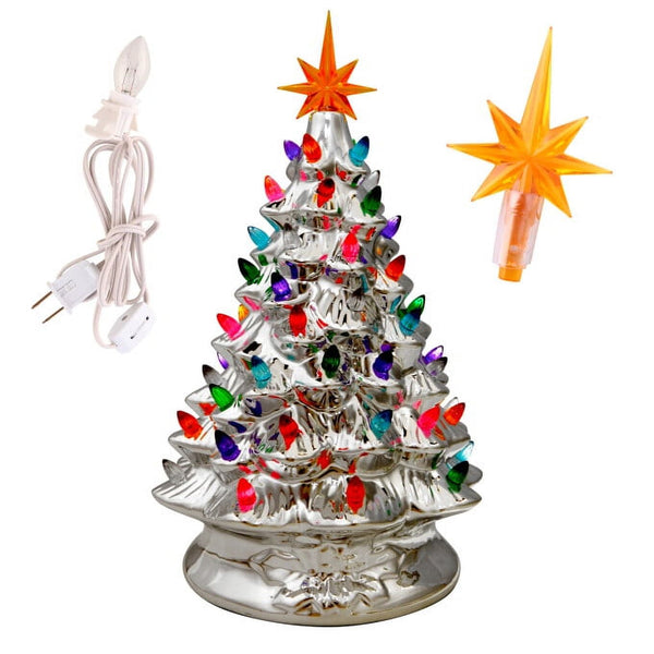 Inolait 15 inch Large Ceramic Christmas Tree Plug in Tabletop Artificial Silver Christmas Decoration Tree, Silver