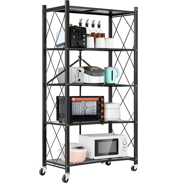 Inolait 5 Tier Storage Shelves Foldable Metal Shelving Units Storage Racks with Lockable Wheels, Black