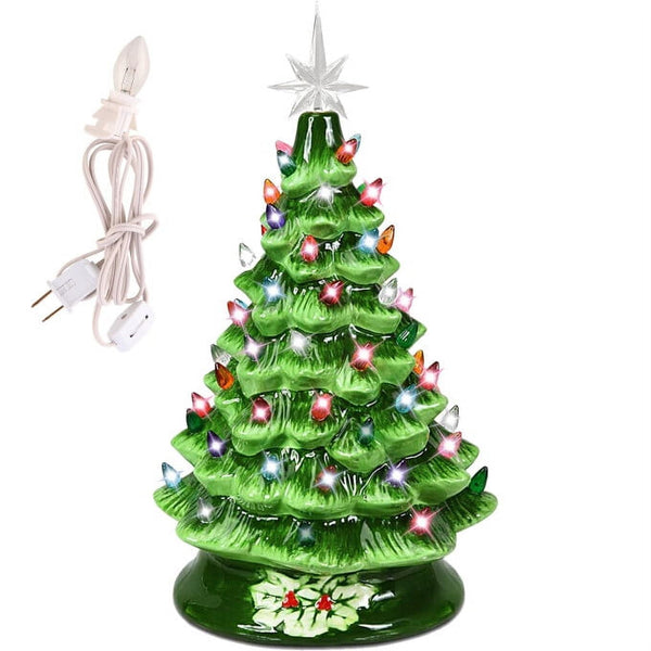 Vebreda 15 inch Large Ceramic Christmas Tree Plug in Tabletop Artificial Green Christmas Decoration Tree