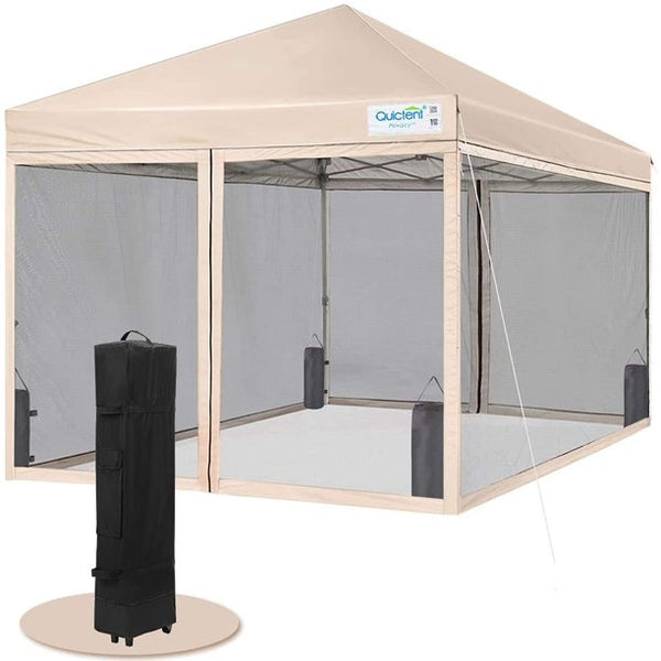 10x10 Easy Pop up Canopy Tent Screened with Mosquito Netting Instant Gazebo Screen House Room Tent Waterproof, Roller Bag & 4 Sand Bags Included(Tan)