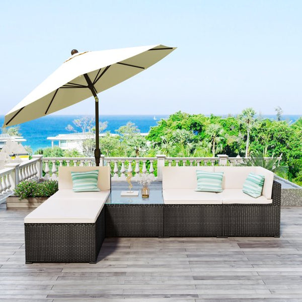 Inolait 5-Piece Patio Rattan PE Wicker Furniture Corner Sofa Set (Black Wicker, Beige Cushion)