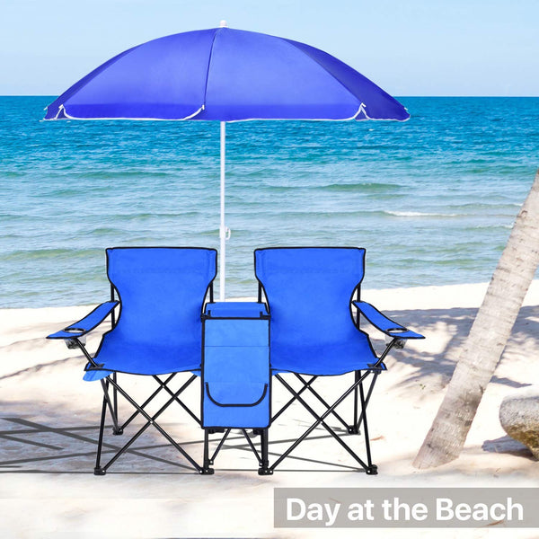 Inolait Camping Chair Portable Folding Picnic Double Chair With Umbrella Table Blue