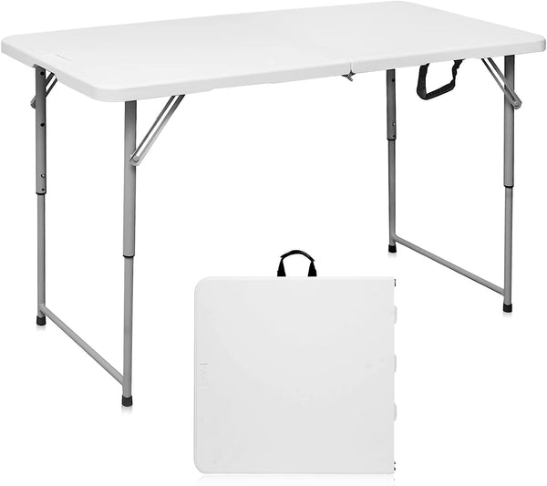 Folding Table 4 Foot Portable Heavy Duty Plastic Fold-in-Half Utility Foldable Table Small Indoor Outdoor Adjustable Height Plastic Folding Table with Carrying Handle, Camping and Party