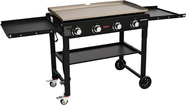 Flat Top Gas Grill on Cart,Heavy Duty 4 Burner Propane 60,000 BTU, Outdoor Griddle Station with Side Shelves, Steel Natural Gas Griddle, 4-Burners Restaurant Portable Grill for Camping