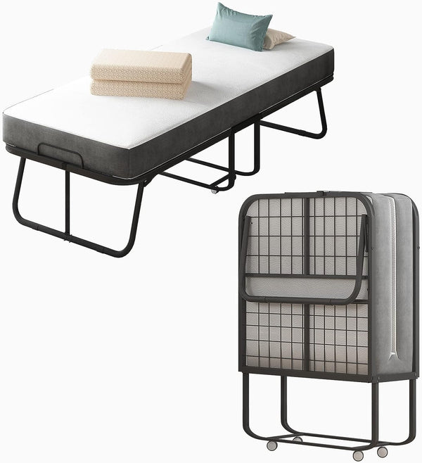 Folding Bed with 4 Inch Mattress and Headboard Twin Size Portable Bed with Cover Included 75 x 31 Space Saving Fold Up Bed  Foldable Bed Frame with 4 Lockable Wheels (Standard)