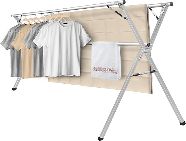 Clothes Drying Rack, 79 inches Laundry Drying Rack Clothing Foldable Collapsible Stainless Steel Heavy Duty Clothing Drying Rack with Windproof Hooks for Indoor Outdoor