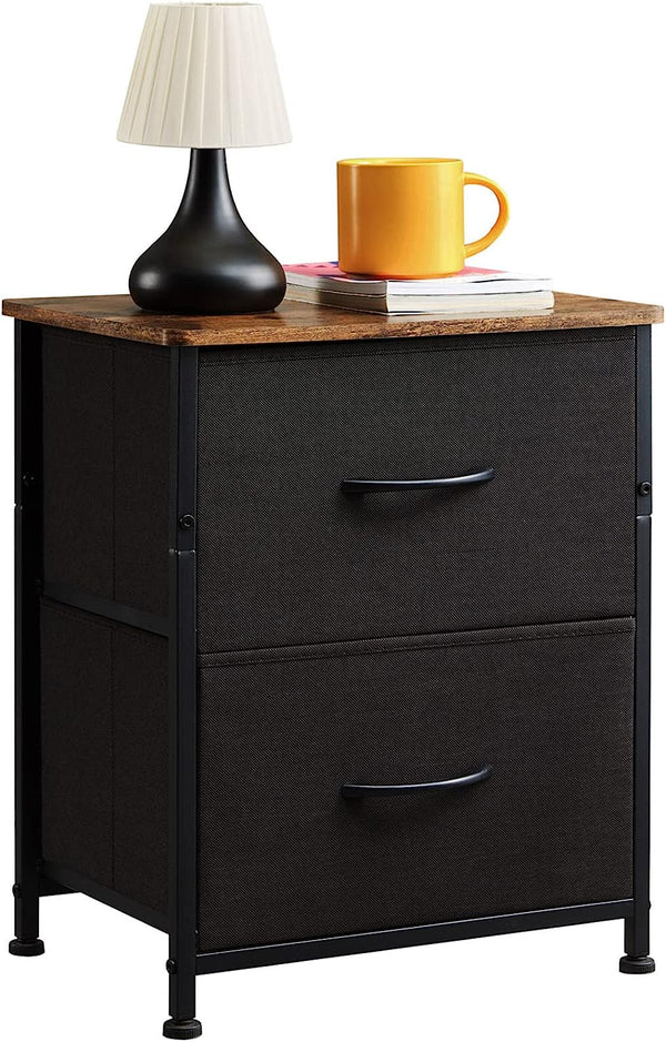 Nightstand with 2 Drawers, Bedside Table Small Dresser with Removable Fabric Bins for Bedroom Nursery Closet Living Room - Sturdy Steel Frame, Wood Top, Pull Handle - Black Rustic Brown