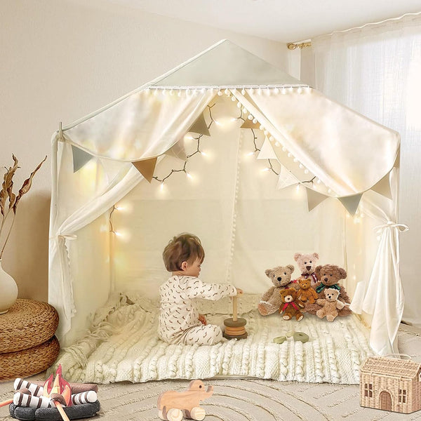 Large Kids Tent with Pompom, Kids Playhouse Indoor  Outdoor with Mat and Star Lights, Play Tent for Kids Girls Boys, Toddler Tent Boho Tent Machine Washable