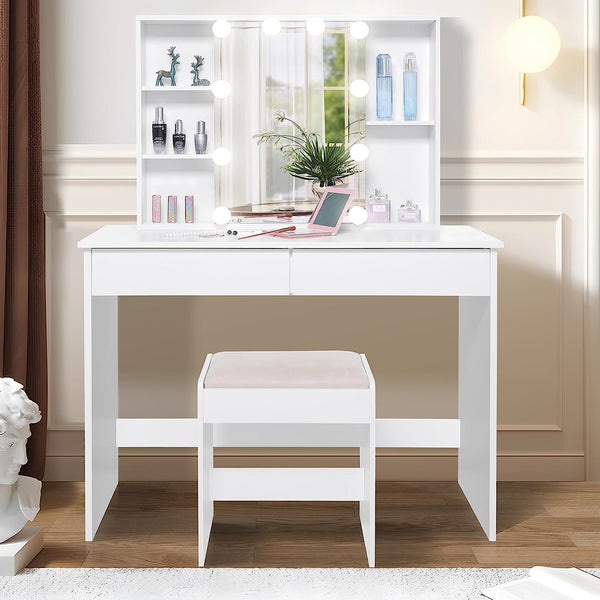 Makeup Vanity Table with Lighted Mirror, Vanity Desk with Sliding Mirror  2 Drawers, 10 LED Lights, 3 Color Lighting Modes, Brightness Adjustable, Bedroom Vanity Table for Women, Girls, White