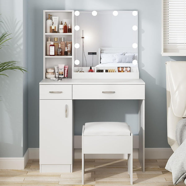 Vanity Desk with Mirror and Lights,Makeup Vanity with 2 Drawers Lots Storage,Vanity Table with Lighted Mirror,3 Lighting Colors, Brightness Adjustable,35in