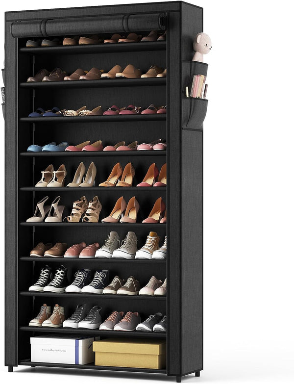 10 Tier Shoe Rack with Covers,Large Capacity Stackable Tall Shoe Shelf Storage to 50-55 Pairs Shoes and Boots Sturdy Metal Free Standing Shoe Rack Organizer for Closet Entryway Garage Bedroom