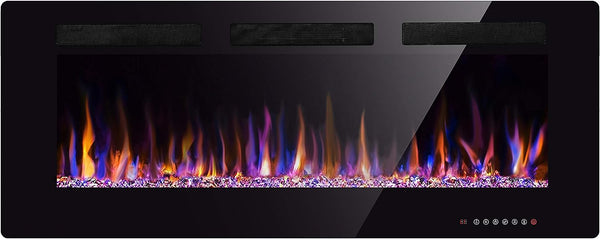 Electric Fireplace in-Wall Recessed and Wall Mounted 1500W Fireplace Heater and Linear Fireplace with Timer/Multicolor Flames/Touch Screen/Remote Control Black