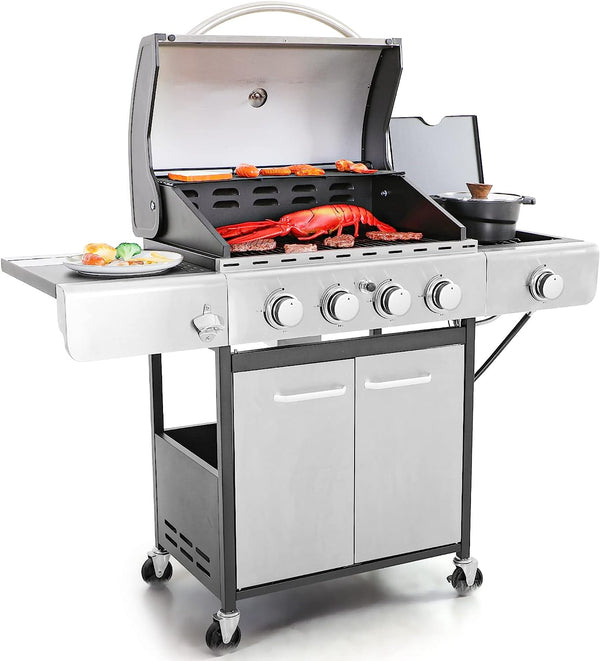 4 Burners Propane Gas BBQ Grill with Side Burner  Porcelain-Enameled Cast Iron Grates, 42,000 BTU Output Stainless Steel Grill for Outdoor Cooking Kitchen and Patio Backyard Barbecue