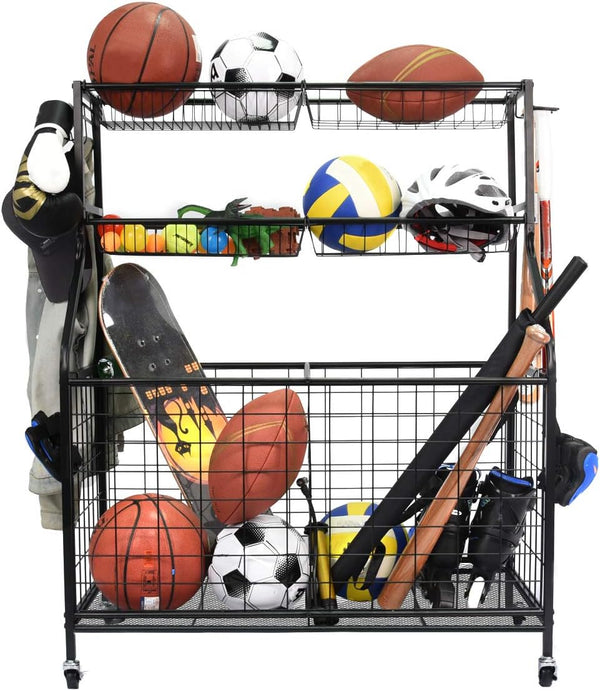 Garage Sports Equipment Organizer, Ball Storage Rack, Garage Ball Storage, Sports Gear Storage, Garage Organizer with Baskets and Hooks, Rolling Sports Ball Storage Cart, Black, Steel