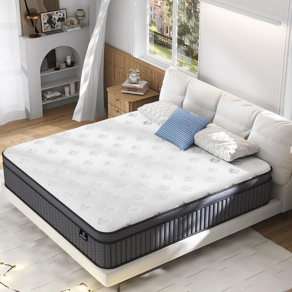 Queen Mattress, 12 Inch Hybrid Mattress in a Box, Queen Size Mattress Foam and Individually Wrapped Pocket Coils, Soft and Breathable, Pressure Relief, Strong Edge Support, Medium Firm