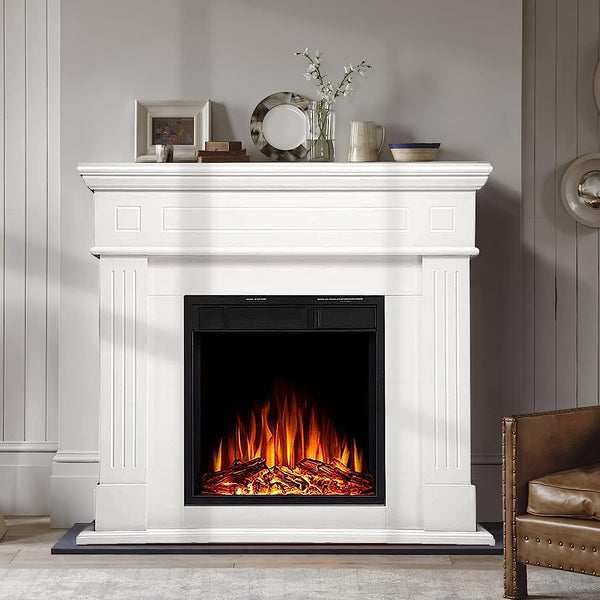Electric Fireplace Mantel Wooden Surround Firebox, Freestanding Fireplace, Home Space Heather, Adjustable Led Flame, Remote Control,750W/1500W,Pearl White