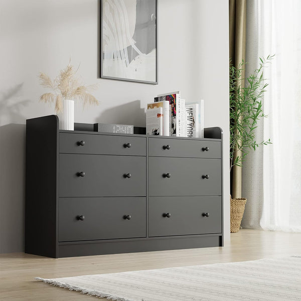 Black 6 Drawer Double Dresser, Wooden Dressers Chests of Drawers with Double Anti-Tilt Devices for Bedroom