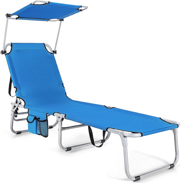 Foldable Beach Lounge Chair with 360 Canopy Sun Shade, Side Pocket, 5-Position Adjustable, Outdoor Beach Chaise Recliner for Patio Pool Yard Lawn (1, Blue)