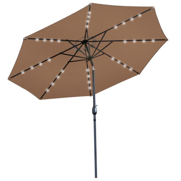 Inolait Tan Patio Umbrella 8 Ribbed Strong Light Weight Aluminum Frame with Crank Sunny UV Resistant Yard Parasol with 32 LED Lights - 10FT