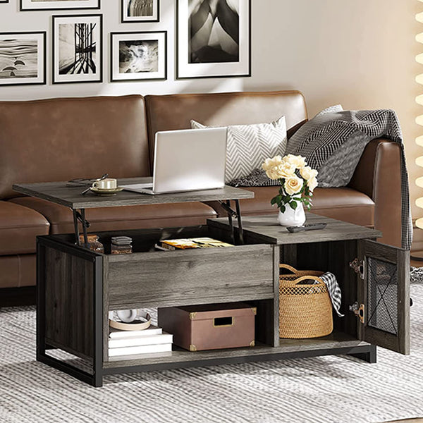 Lift Top Coffee Table with Storage, Double Doors Mid-Century Cocktail Table with Hidden Compartment Storage Cupboard, Wood Tea Center Table Living Room Table for Home Office, Grey