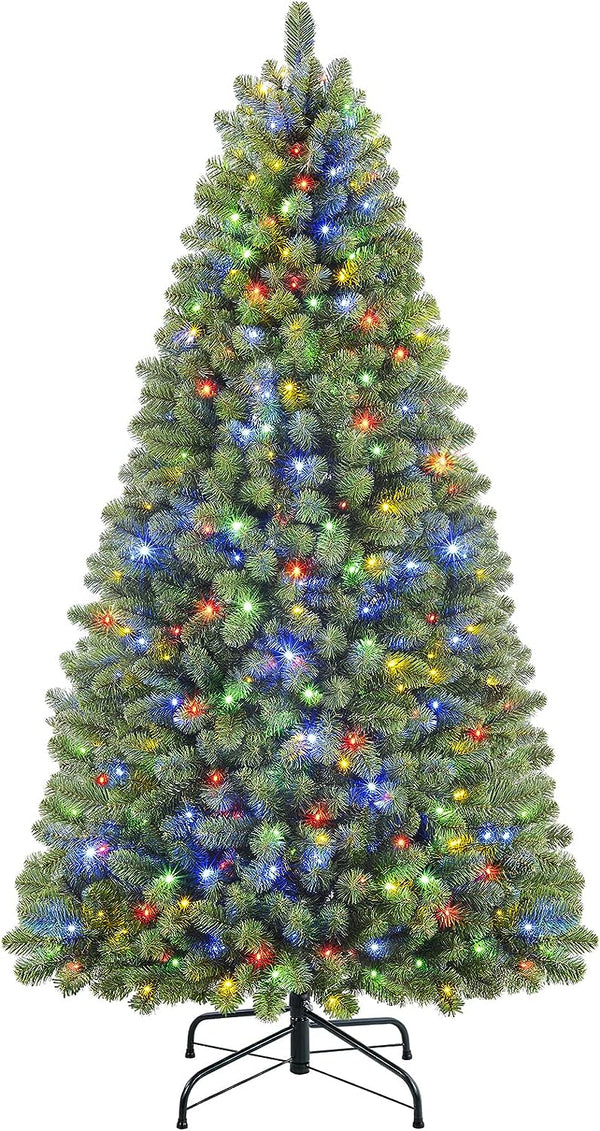 6ft Prelit Premium Artificial Hinged Christmas Tree with 330 Warm White  Multi-Color Lights, 1018 Branch Tips and Foldable Metal Stand, Perfect Choice for Xmas Decoration