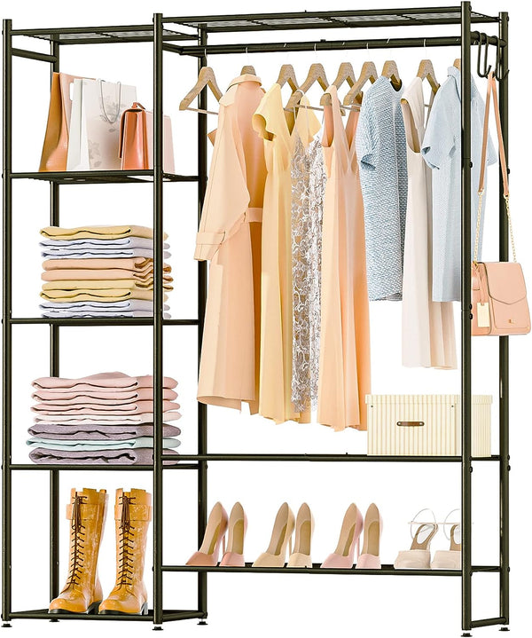 Portable Closet Wardrobe Heavy Duty Clothes Rack, Freestanding Clothing Rack with 4 Hang Rods  8 Shelves, Adjustable Custom Closet Rack