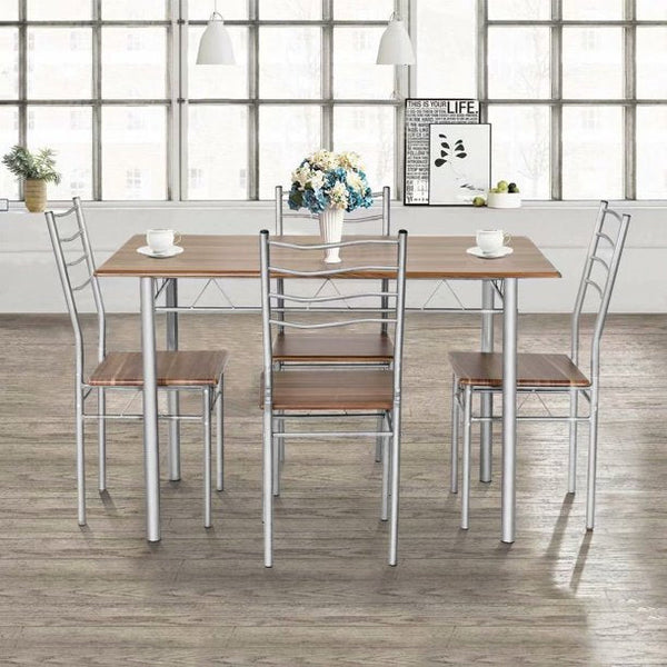 Inolait 5 Piece Dining Table Set Wood Metal Kitchen Breakfast Furniture w/4 Chair Walnut