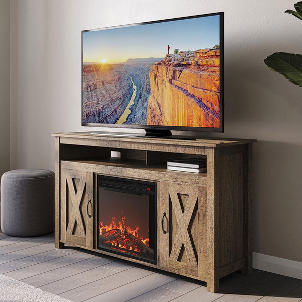 Modern 48 Inch Barn Door Wood TV Stand with 18 Inch Electric Fireplace Media Entertainment Center Console Table for TV up to 50 Inch with Two Open Shelves and Cabinets - Corin (Classic Wood)
