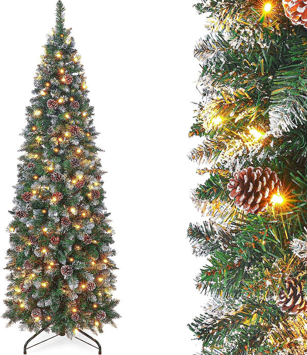 Christmas Tree 6 Foot Pre-Lit Artificial Christmas Tree with Flocked Snow Pine Cone 170 Warm White Lights Holiday Decor