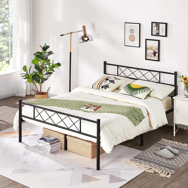 Full Metal Platform Bed Frame Mattress Foundation with Headboard and Footboard No Box Spring Needed Under Bed Storage Steel Slats Black