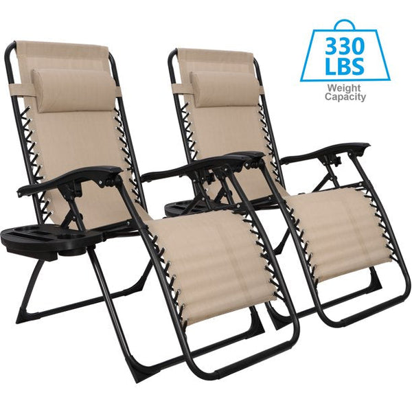 Inolait Set of 2 Adjustable Zero Gravity Lounge Reclining Chairs, W/ Cup Holder Tray & Pillow, Foldable, MAX 330LBs, 2PCS, Beige
