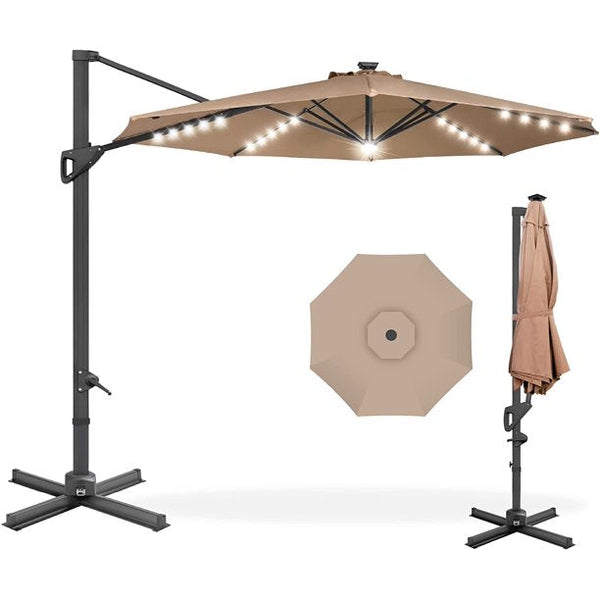 10ft Solar LED Cantilever Patio Umbrella, 360-Degree Rotation Hanging Offset Market Outdoor Sun Shade for Backyard