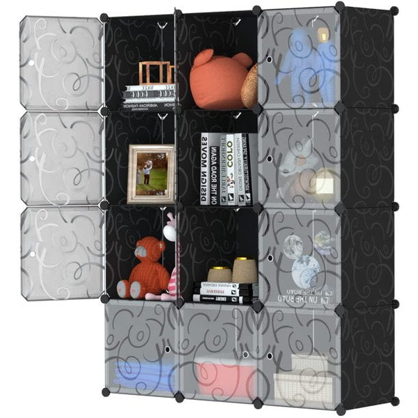 Inolait Cube Storage with Doors 12 Cube Organizer Bookcase Closet Storage Shelves for Clothes, Black (3x4 Cubes)